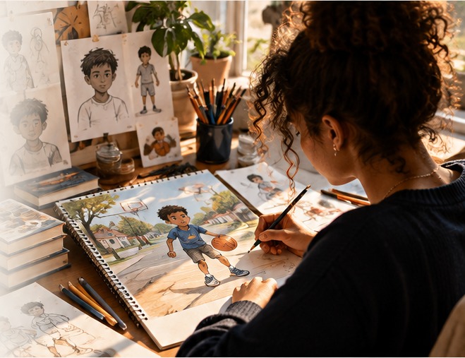 An illustrator bringing a children's story to life through art
