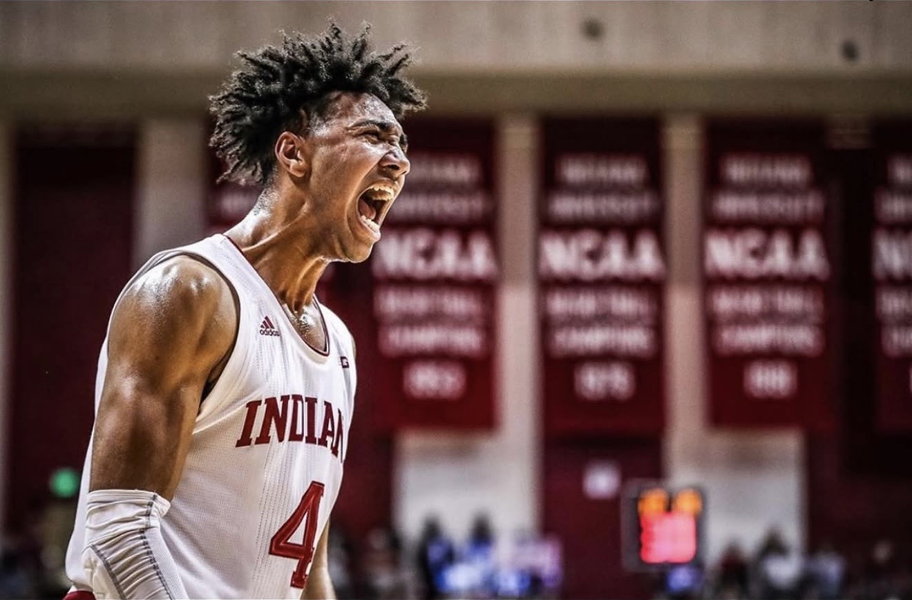 Trayce Jackson-Davis celebrating in an Indiana basketball uniform